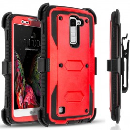 LG K7, LG Phoenix 2, LG Treasure, LG Tribute 5 Case, [SUPER GUARD] Dual Layer Protection With [Built-in Screen Protector] Holster Locking Belt Clip+Circle(TM) Stylus Touch Screen Pen (Red)